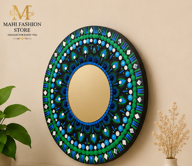 Round Design With Mirror | Decorative Wall Art - Blue (12 inch)