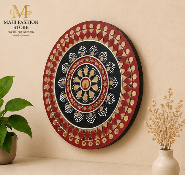 Handmade Original Round Dot Mandala Mirror Wall Art – Red & Black (12 Inch)