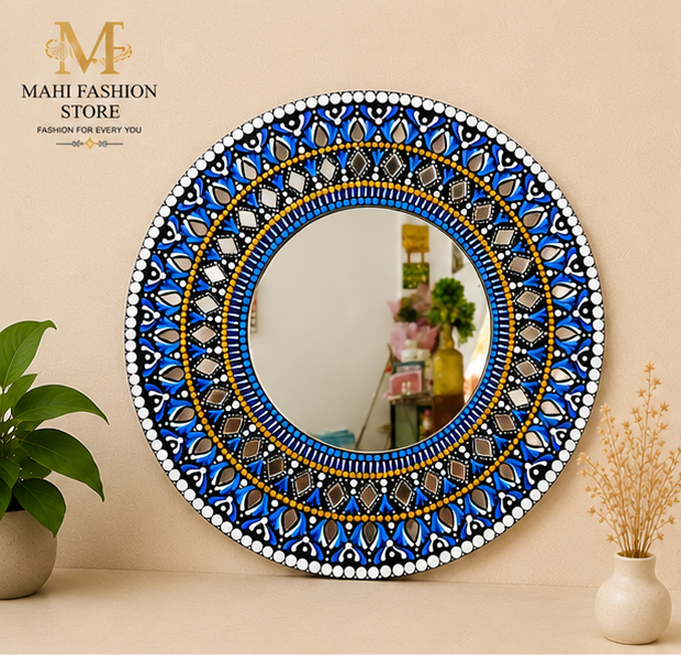 Handmade Original Round Dot Mandala Mirror Wall Art – Blue