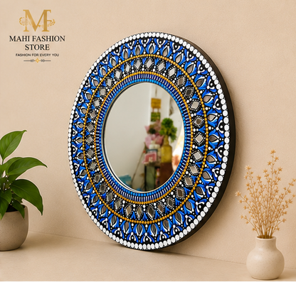 Handmade Original Round Dot Mandala Mirror Wall Art – Blue