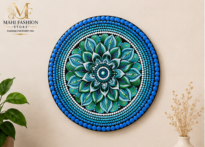 Handmade Original Round Design Dot Mandala Painting | Decorative Wall Art - Blue (Dimension 12 inx12 in)